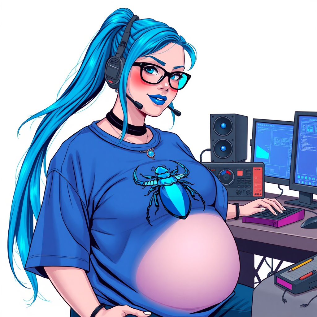 A cyberpunk vigilante’s full-figured intelligent and tech-savvy 28-year-old girlfriend, who is a computer hacker and tech genius. She has a long maximum blue ponytail. She wears maximum blue lipstick, bright blue eyes, a sapphire beetle gemstone necklace, sapphire earrings, black eyeglasses, and an oversized maximum blue t-shirt featuring a blue sapphire gemstone crusted scarab beetle chest icon. She has a full-figured physique with a prominent, massive, round belly, reflecting her well-cared-for lifestyle. She sports a sapphire headset with a hi-tech maximum turquoise lensed HUD, and a shy smile with a neon red blush. She serves as his tech expert from his hideout, diligently working at her workbench and computer desk. The background is solid white. She is drawn as if she was in a retro 2D cyberpunk fighting game. Ensure her maximum blue t-shirt covers her belly.