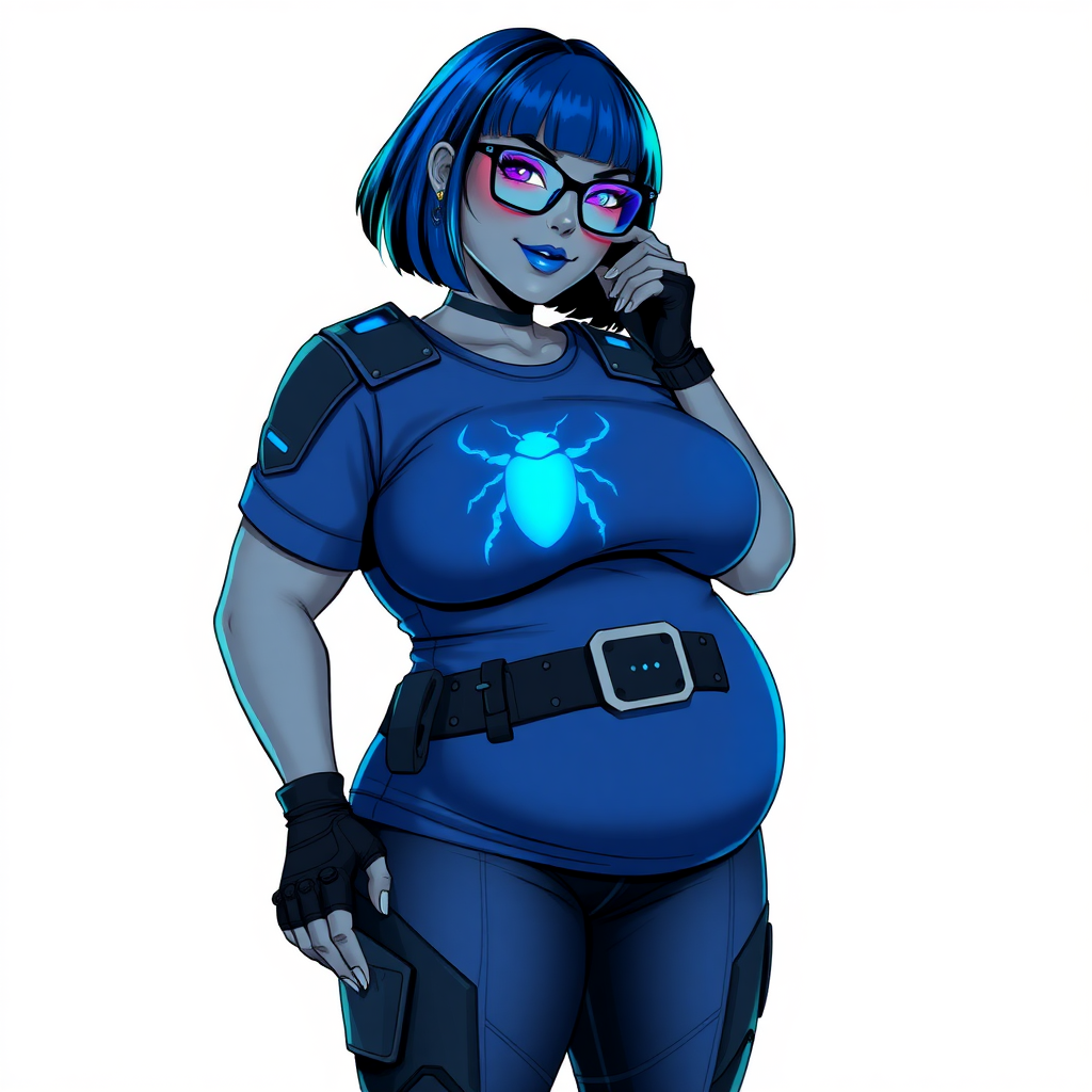 A 28-year-old, full-figured, middle gray skinned computer program hybrid with a maximum blue bob cut. She has a non-athletic build, highlighted by a prominent, round, large midsection (with emphasis on her belly), which shows the aftermath of her pampering. As the heavily pampered digital sidekick to her cyberpunk vigilante boyfriend, her middle gray metallic skin and maximum blue lipstick emphasize her digital nature. She wears a digital, computerized costume inspired by DC’s Carrie Kelly Robin, consisting of a huge, tight-fitting, maximum blue t-shirt with a neon blue glowing chest icon of a beetle, hi-tech shoulder pads with neon blue accents, a black hi-tech belt with a digital neon blue glowing buckle, digital maximum blue biker pants with neon blue accents, and black hi-tech fingerless biker gloves with neon blue glowing accents. Her neon blue glowing eyes, black eyeglasses with a neon blue glowing HUD built into the lenses, and shy smile with neon red blush accentuate her nerdiness. She stands bashfully with one hand behind her back and the other hand gently touching her cheek, her costume covering all her skin and emphasizing her full-figured physique (especially her belly). She is clearly non-athletic, with a focus on her full-figured physique. Despite her build, she radiates beauty. She has a slim face compared to her physique, accentuating her radiant beauty. She is on a solid white background. She is drawn as if she were in a retro 2D cyberpunk fighting game.