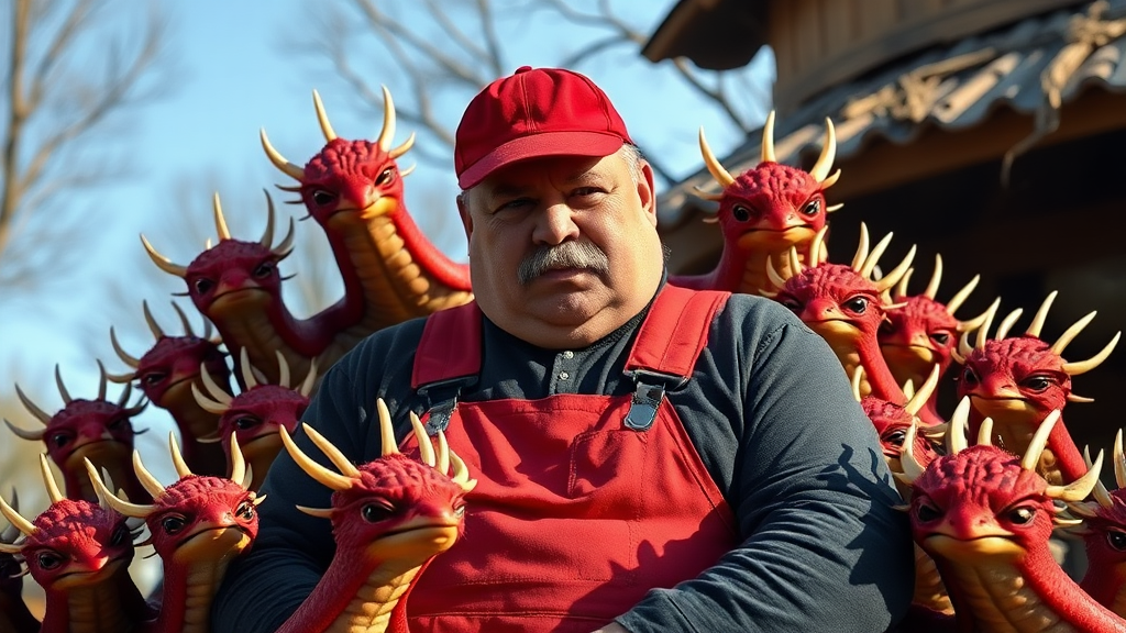 Exterior. Day. a dozen small creatures with red shells and ivory spikes surround a heavyset italian man with large mustache, red cap and red overalls over a long-sleeve dark grey shirt.