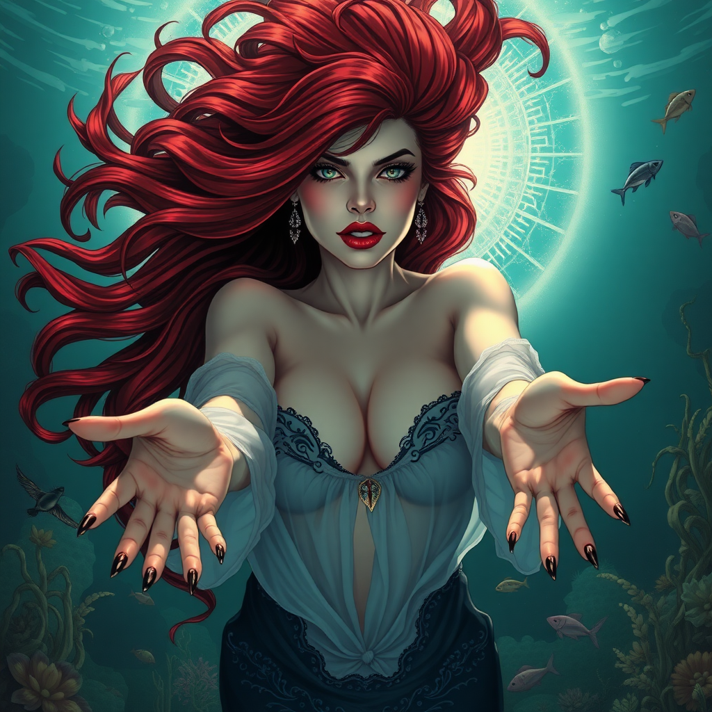 Vampirella as a mermaid underwater, amazing loose flowing hair floating in a nimbus around her beautiful face, her arms outstretched towards the viewer, and she's looking down into the viewer's eyes, making intense eye contact. Loose fitting diaphanous. Burlesque. Stunning undersea life details, plants and fish, and other creatures of the sea.