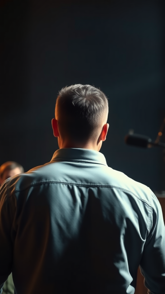 a man influencing an audience with a spirited speech, back to the camera, white lighting illuminating the side of his face, dynamic and engaging atmosphere, realistic setting, emotional expression, cinematic lighting, high detail, masterpiece digital painting