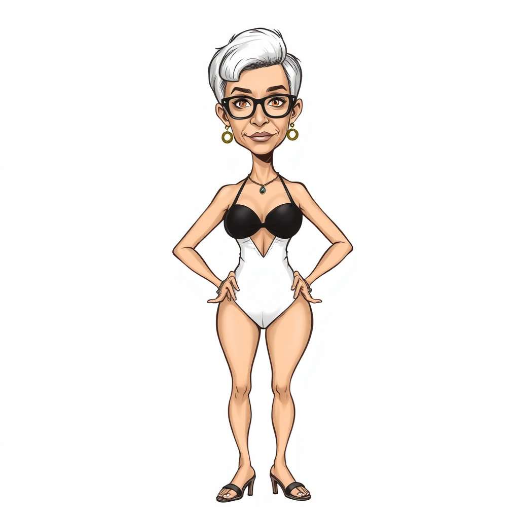 a towering 55 Years old, fit, slim, European, Latina, sharp aquiline nose, wrinkles, high cheekbones, Middle Eastern, Skinny, Tanned skin, Dark light skin, Rounded Medium breasts, Skinny thighs, full Makeup, jewelry, Serious face, Sharp nose, Ash hair, short bowl haircut, Brown eye color, Glasses, with detailed features. Hands on hips, she is wearing black balconette bras and a white open front high cut one piece swimsuit, detailed fabric. full body, high heels sandals, she is gesturing at the viewer, long establishing shot, 2D, caricature, cartoon, Sketch lines, coloring book, black and white, coloring book style on white background, well composed, clean coloring book page, No dither, no gradient, strong outline, No fill, No solids, vector illustration, realistic proportions