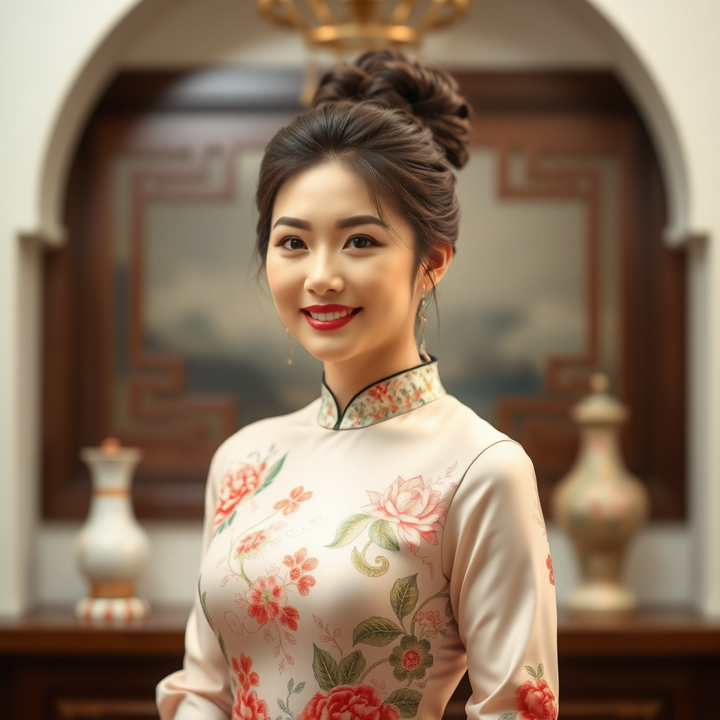 45 year old beautiful Korean woman, dress, updo hair