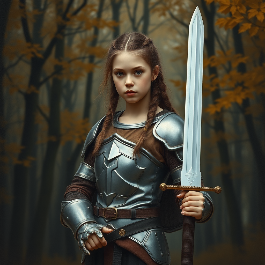 A young girl of 20-25 years old, in armor, without a helmet, stands against the backdrop of an autumn dark forest, with a sword in her hands (a girl in a pose of action, full-length portrait, style of image oil paints).