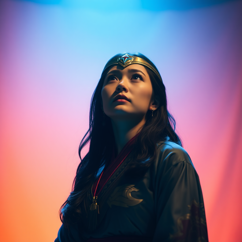 The Wonder Woman in Hanfu, the Chinese mythological figure Chang'e wearing JK costume, a portrait of the Tree in front of light background, illuminated by blue light from above, creating an atmospheric and mysterious mood. Contrasts against the light orange background behind her. Her expression appears contemplative or pensive as she gazes upward into the dimly lit space. Shot at eye level, capturing a moment that evokes emotion and mystery.