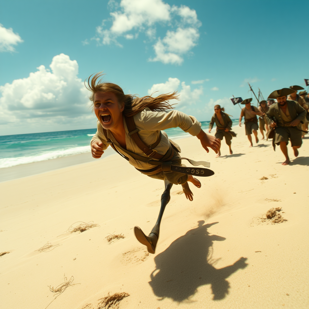 jack sparrow sprinting across a sandy beach, pursued by a mob of hangry pirates, camera angle: high-angle shot looking down on the action.