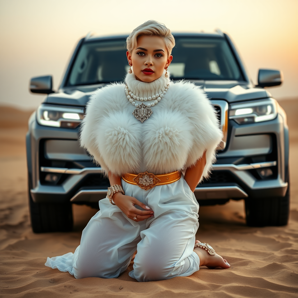 Kuwait desert dunes misty dawn, full size luxury SUV: Melissa, European 17 years old very convincing femboy “trophy-bimbo”, tamed servile docile, very beautiful feminine flawless face, rather short, by hormones very curvaceous womanly figured, platinum blond short tight curls, bold red lips, heavily made-up face, wearing Supertanya-style fluffy very fuzzy bright white angora turtleneck-poncho cropped ending under bust decorated with pearls and gemstones, striking oriental wide gold bridal protection belt, white fully transparent harem pants, full Oriental bridal jewelry, full Oriental face-jewelry, coin anklets, striking diamond “$$$” letter brooch on left chest, pout frustrated, hands tied behind back, kneeling in sand in front of SUV, looking at camera. Focus on face and turtleneck-poncho.