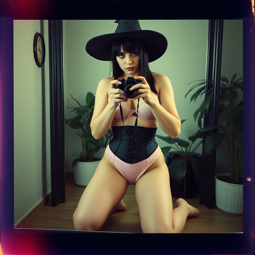 An old polaroid photo with a color tint to the photograph and visible light leaks. The photo depicts the reflection of a sexy alt goth girl with pale skin and black hair taking a self-portrait with an old film camera. She has a plump booty. Her mascara is running. She has large breasts with ample cleavage, and she is wearing a skimpy g-string that leaves a gap between her pubic area and thigh. The fabric of her g-string is skimpy and pink and white and barely covers her, and her bra is translucent and pink and white. She is in a photography studio with artistic lighting and plants are all around behind her. She is kneeling with her knees spread apart above a large mirror. Her underwear is wet. She is wearing a witch hat. She is also wearing a black underbust corset.