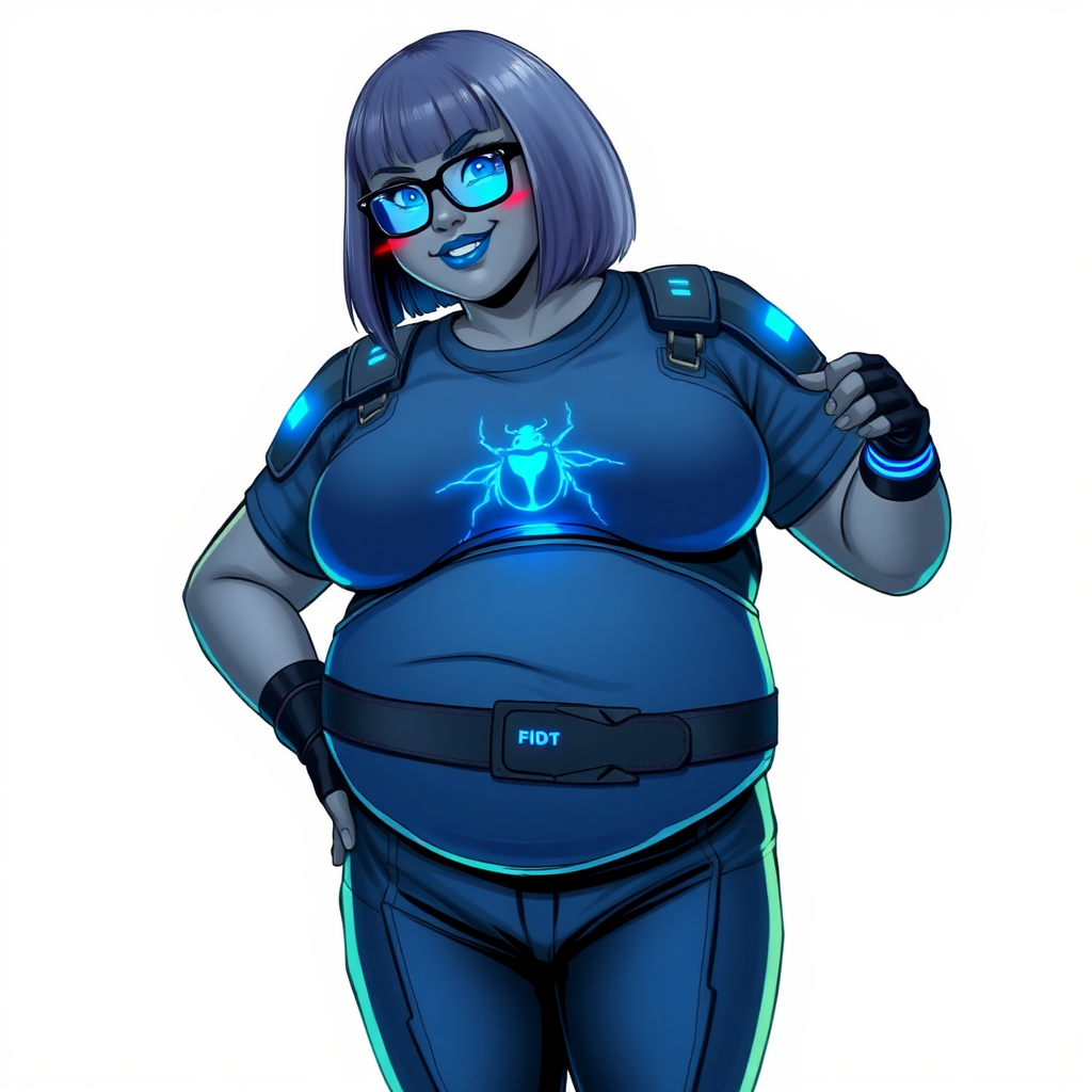 A 28-year-old, full-figured, metallic middle gray (N5) skinned computer program hybrid with a maximum blue bob cut. She has a non-athletic build, highlighted by a prominent, round, large midsection (with emphasis on her belly), which shows the effects of her new love of junk food acquired from her boyfriend. As the full-figured, nerdy, digital sidekick to her cyberpunk vigilante boyfriend, her metallic middle gray (N5) skin and maximum blue lipstick emphasize her digital nature. Her skin has a subtle, animated glow, with digital patterns occasionally flickering across it, making her digital nature obvious. She wears a digital, computerized costume, consisting of a huge, tight-fitting, maximum blue t-shirt with a neon blue glowing chest icon of a beetle, hi-tech shoulder pads with neon blue accents, a black hi-tech belt with a digital neon blue glowing buckle, digital maximum blue biker pants with neon blue accents, and black hi-tech fingerless biker gloves with neon blue glowing accents. Her neon blue glowing eyes, black eyeglasses with neon blue glowing lenses equipped with a built-in HUD, and bashful smile with neon red blush accentuate her nerdiness. She stands bashfully with one hand behind her back and the other hand gently touching her cheek, her costume covering all her skin and emphasizing her full-figured physique (especially her belly). She is clearly non-athletic, with a focus on her full-figured physique. Despite her build, she radiates beauty. She has a slim face compared to her physique, accentuating her radiant beauty. She is on a solid white background. She is drawn as if she were in a retro 2D cyberpunk fighting game.