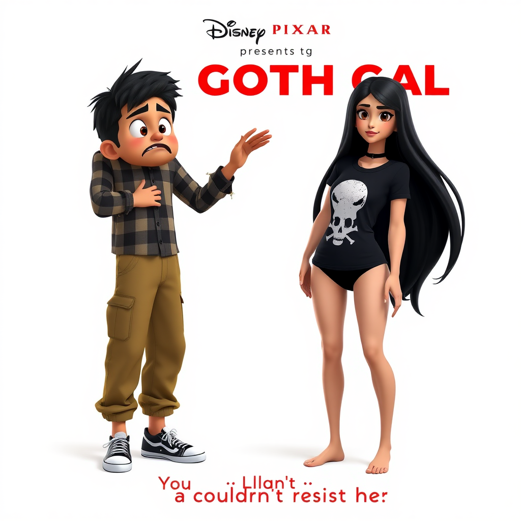 A Disney Pixar animation style 3-D poster titled "Disney Pixar Presents “Goth Gal”". There's a young tall, handsome, scared, and frightened South Asian male adult Christian wearing a cross around his neck, long khaki pants, and a plaid shirt and sneakers. He is being touched by a shorter, very attractive, fit-looking Gothic-style young adult woman of Northwestern European Descent with long black hair. She is wearing a black t-shirt with a skull logo, a choker around her neck, and small black thong. She is barefoot. The background is white. The movie poster has the tagline "You couldn't resist her".