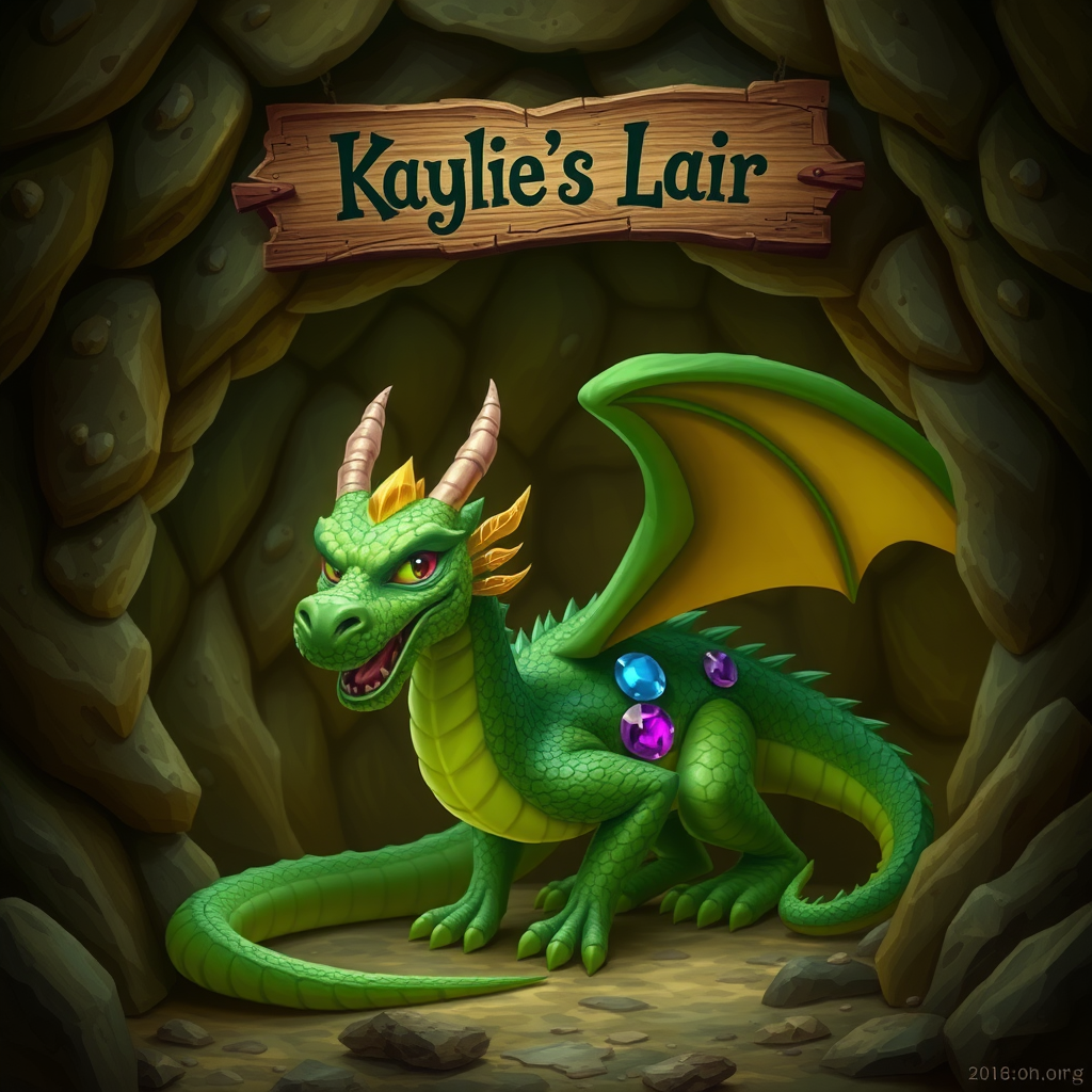 A photo realistic green dragon with gem scales in a dragon cave with a sign above it that says "Kaylie's Lair"