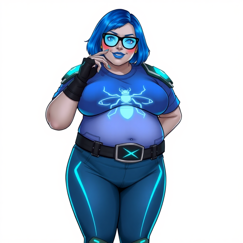 A 28-year-old, full-figured, computer program hybrid with a maximum blue bob cut and metallic middle gray skin. She has a non-athletic, full-figured build, highlighted by a prominent, round, large midsection (with full emphasis on her large belly). As the full-figured, nerdy, digital sidekick to her cyberpunk vigilante boyfriend, her metallic middle gray skin and maximum blue lipstick emphasize her digital nature. She wears a digital, computerized costume inspired by DC’s Carrie Kelly Robin, consisting of a huge, tight-fitting, maximum blue t-shirt with a neon blue glowing chest icon of a beetle, hi-tech shoulder pads with neon blue accents, a black hi-tech belt with a digital neon blue glowing buckle, digital maximum blue pants with neon blue accents, and black hi-tech fingerless biker gloves with neon blue glowing accents. Her bright blue eyes, black eyeglasses with glowing neon blue lenses with a built-in HUD, and shy smile with neon red blush accentuate her nerdiness. She stands bashfully with one hand behind her back and the other hand gently touching her cheek, her costume covering all her skin and emphasizing her full-figured physique (especially her belly). She is clearly non-athletic, with a heavy focus on her large belly. Despite her build, she radiates beauty. She has a slim face compared to her physique, accentuating her radiant beauty. She is on a solid white background. She is drawn as if she were in a retro 2D cyberpunk fighting game. Her full figure is on full display and fully emphasized.