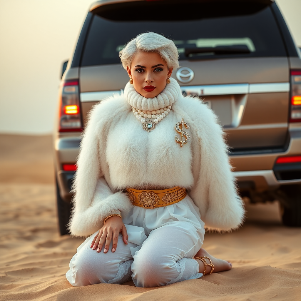 Kuwait desert dunes misty dawn, full size luxury SUV: Melissa, European 17 years old very convincing femboy “trophy-bimbo”, tamed servile docile, very beautiful feminine flawless face, rather short, by hormones very curvaceous womanly figured, platinum blond short tight curls, bold red lips, heavily made-up face, wearing Supertanya-style fluffy very fuzzy bright white angora turtleneck-poncho cropped ending under bust decorated with pearls and gemstones, striking oriental wide gold bridal protection belt, white fully transparent harem pants, full Oriental bridal jewelry, full Oriental face-jewelry, coin anklets, striking diamond “$$$” letter brooch on left chest, pout frustrated, hands tied behind back, kneeling in sand in front of SUV, looking at camera. Focus on face and turtleneck-poncho.