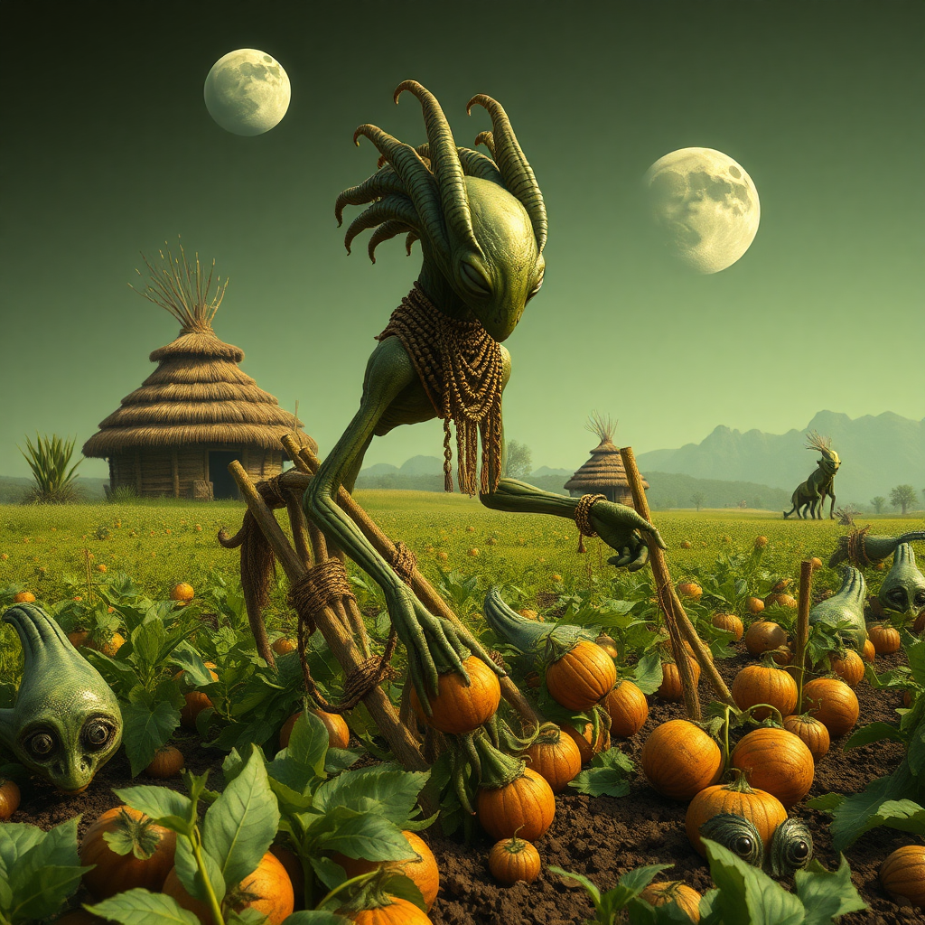 A humanoid arthropod alien in tribal clothing tilling a field of alien produce, alien huts in the background, ((two moons)) visible in the sky.