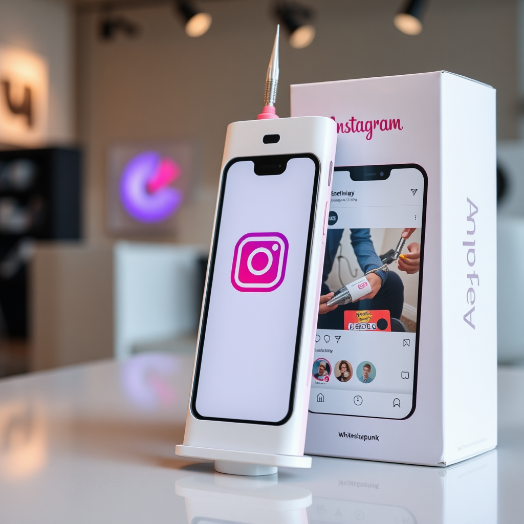 A close-up straight front view of a mobile phone in the shape inspired by a syringe, white pink futuristic, kept for sale leaning to a box with text Ashu and minimal design, in showroom, touchscreen phone with Instagram page open on screen, needle on top, whitepunk.