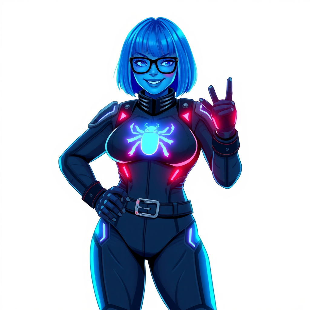 A 29-year-old computer science major, now transformed into a full-figured, maximum blue-skinned nerdy digital sidekick for a cyberpunk vigilante, with maximum blue skin. Her bob cut seamlessly blends with her skin, forming part of her data, and her neon blue eyes glow intensely. Her full figure is defined by a prominent, round, wrecking ball-sized midsection, sequoia-sized limbs, and broad shoulders. As a loyal and supportive sidekick, she plays a crucial role in their missions, using her digital skills to assist and protect.

She wears a digital, computerized biker suit that blends with her hair and skin (appearing to merge together as computer data), featuring a maximum blue color scheme and a neon blue glowing beetle chest icon, along with matching high-tech gloves. She bashfully giggles with a neon red blush, emitting neon blue data cubes from her body, set against a solid white background. Heavily pampered by her doting boyfriend, her full figure clearly shows this care. She has the ability to hack into computers and machines, and her nerdiness is blatantly obvious with her black oversized eyeglasses. Her full figure (especially her wrecking ball-sized midsection) is prominently displayed and heavily emphasized. Her outfit is influenced by DC’s Jennifer Knight Phantom Lady but remains distinct. She is drawn as if she was in a retro 2D cyberpunk fighting game. Ensure her skin tone is distinct from Inside Out's Sadness from any other character.