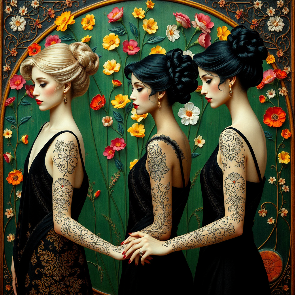 Promt by picture with: In the Max Klimt style. Women (one is blonde and two are black-haired) with filigree henna tattoos on their hands and arms stand in front of an Art Nouveau relief with many small colorful flowers painted on a green background. They hold hands. They have very, very white skin. The hairstyles are updo hairstyles in Art Nouveau.