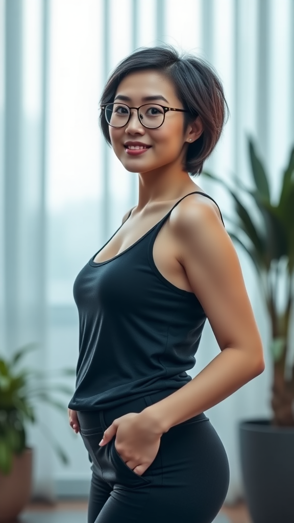 A beautiful Chinese woman, 30 years old, with short hair, wearing glasses, with a curvy figure, small breasts, in yoga pants and a tank top.