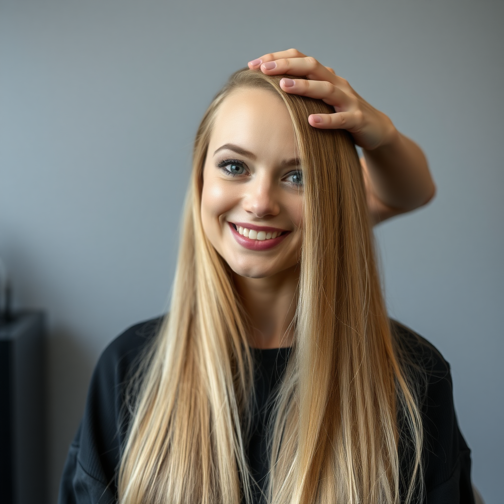 POV, beautiful very long haired blonde woman sitting in a hair salon smiling at the camera while I reach out from behind the camera to massage her scalp. My fingers are digging into her hair rubbing her scalp while her hair is covering my hands. 
Plain gray background.