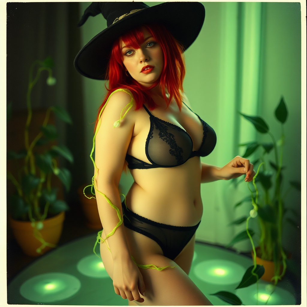 An old polaroid photo with a color tint to the photograph and visible light leaks. The photo depicts a sexy alt goth girl with pale skin and red hair. She has a plump booty. She has large breasts with ample cleavage and she is wearing a skimpy thong. The fabric of her thong is skimpy and black and barely covers her and her bra is translucent and black. She is in a photography studio with artistic lighting and plants are all around her. She is wearing a witch hat. She is surrounded by glowing translucent green vines coming out of magic bright glowing pools of water on the floor, wrapped around her arms and legs.