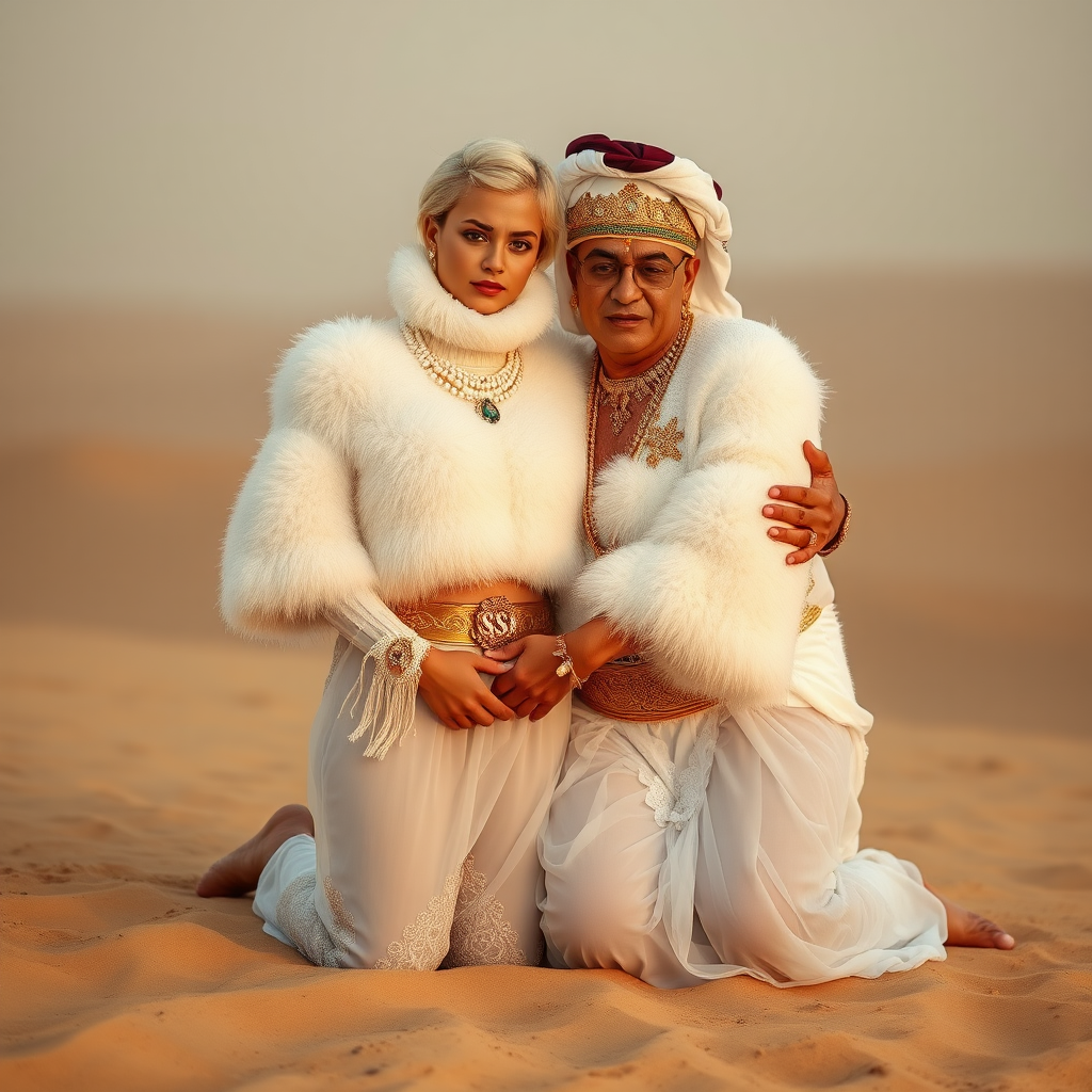 Kuwait desert dunes misty dawn: Melissa, European 17 years old very convincing femboy “trophy-bimbo”, tamed servile docile, very beautiful feminine flawless face, rather short boyish figure, platinum blond short tight curls, bold red lips, heavily made-up face, wearing Supertanya-style fluffy very fuzzy bright white angora turtleneck-poncho cropped ending under bust decorated with pearls and gemstones, striking oriental wide gold bridal protection belt, white fully transparent harem pants, full Oriental bridal jewelry with striking headpiece, full Oriental face-jewelry, striking diamond “$$$” letter brooch on left chest, pout frustrated, hands tied behind back, kneeling in sand with older overweight mighty sheik laughing, devotedly embracing Melissa..