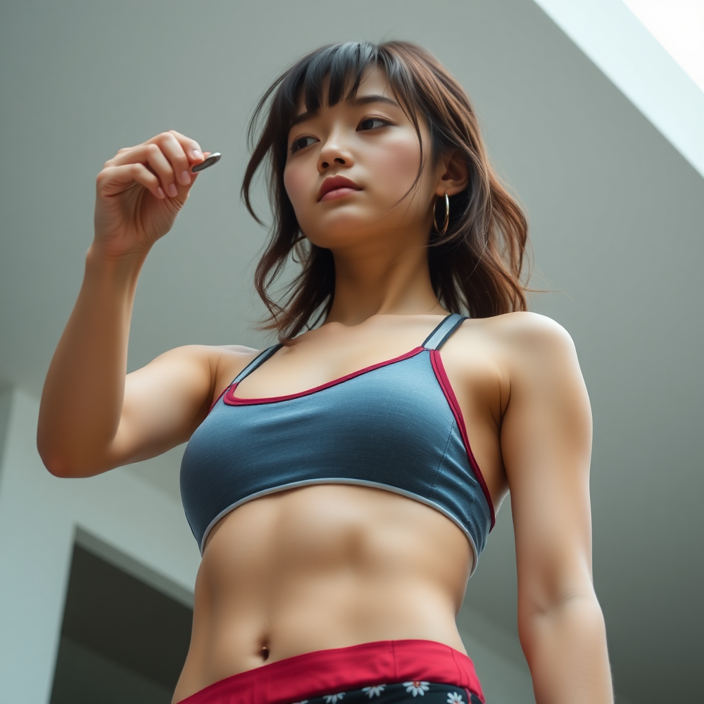 photo low angle full body shot Ayame Goriki wearing sports bra. She is holding a coin in her hand and looking at it