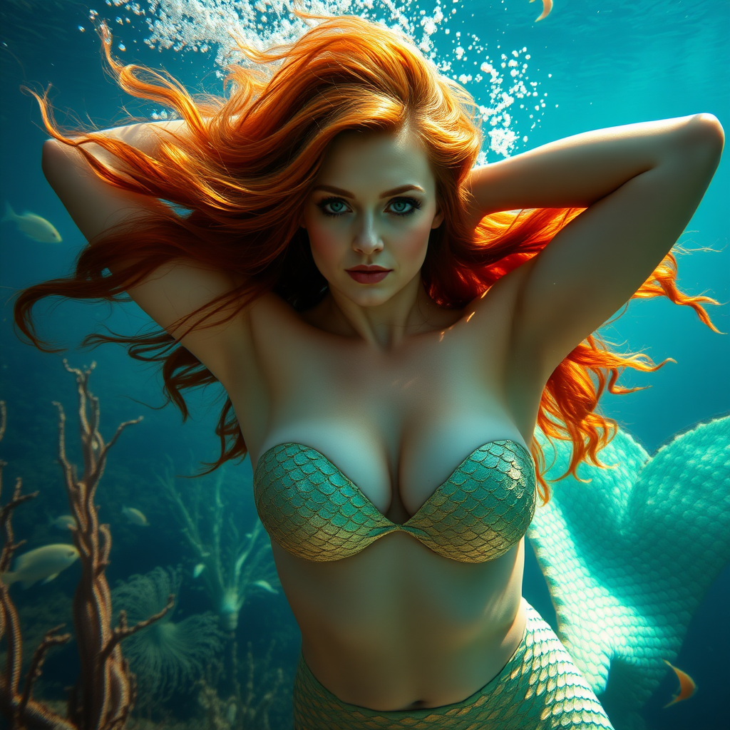 Christina Hendricks as a fit and trim mermaid underwater amazing loose flowing hair floating in a nimbus around her beautiful face her arms outstretched languidly over her head. she's looking down into the viewer's eyes making intense eye contact. diaphanous gossamer. Burlesque. Stunning undersea life details plants and fish and other creatures of the sea. Impressive, shining scaled mermaid tail. Amazing HD DSLR photographic output.