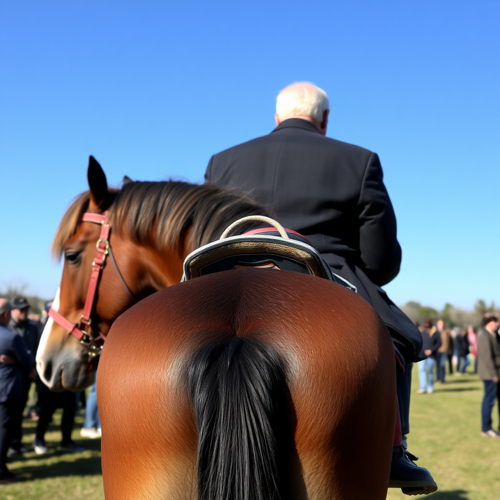 A horse is on Joe Biden's back.