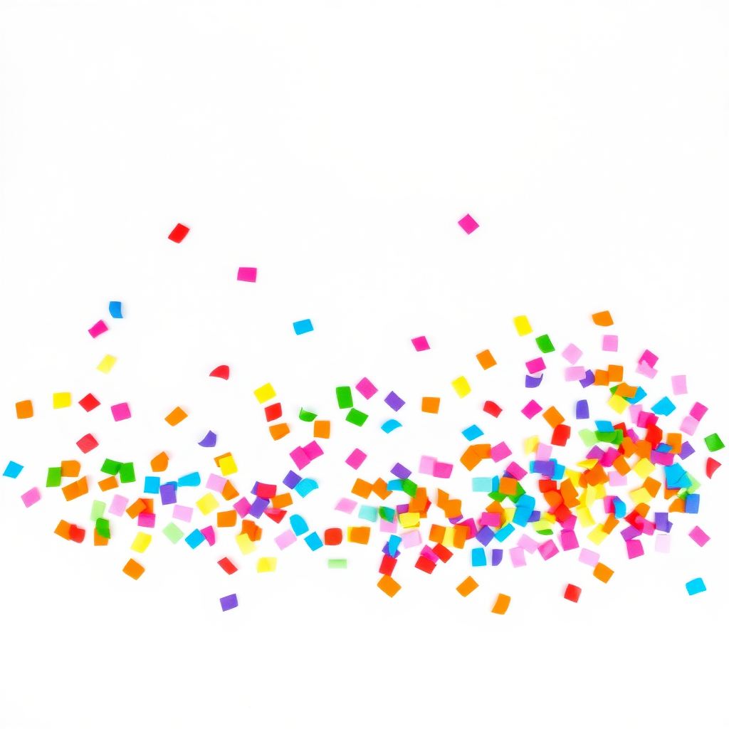 A high-resolution, colorful image of colorful confetti pieces evenly scattered across a plain white background, clean, professional look, stock photo