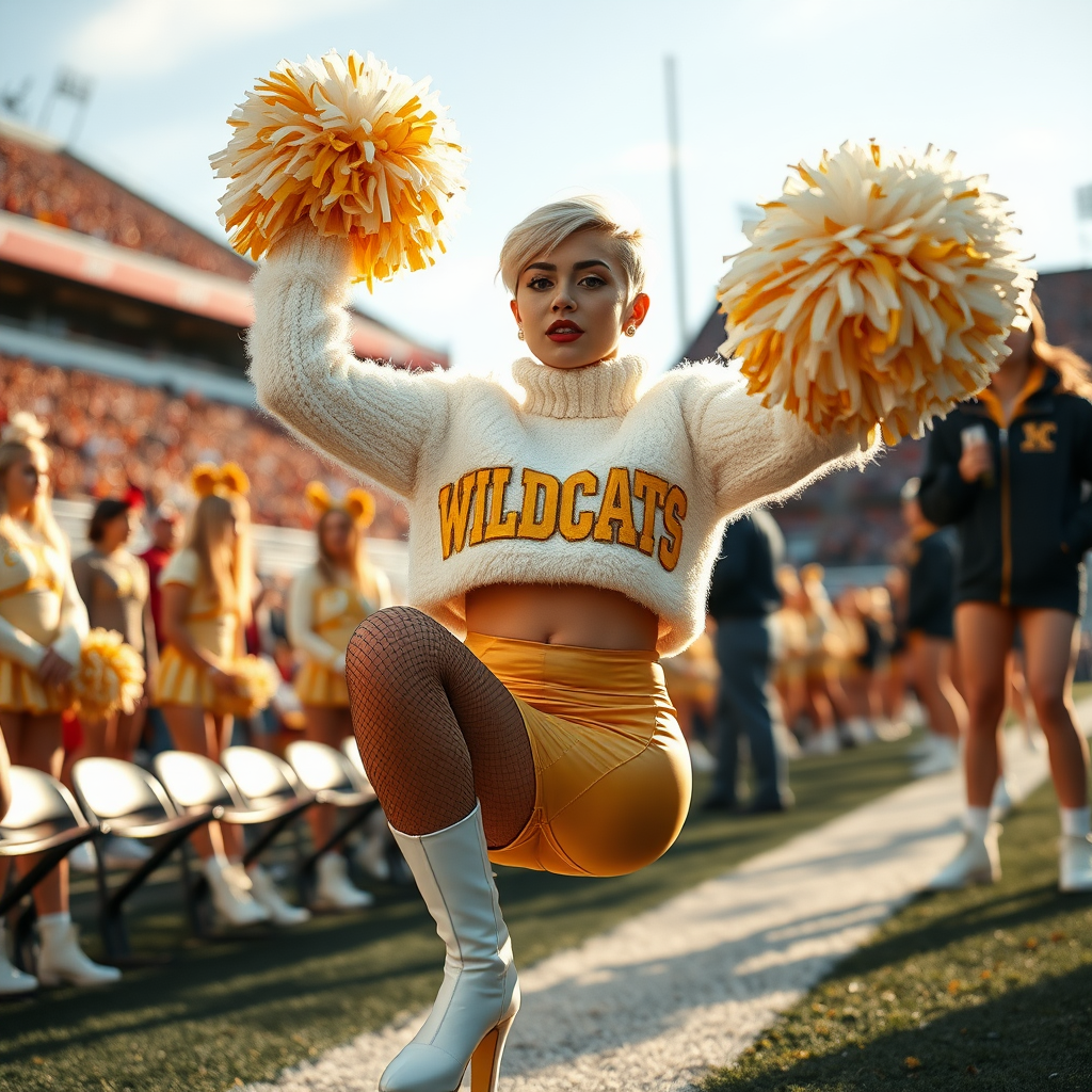 Sunny cold fall noon, college football stadium game, cheerleaders squat: Ana, European 17 years old very convincing femboy “QB’s trophy-bimbo”, tamed servile docile, very beautiful feminine flawless face, rather short boyish figure, platinum blond short tight curls, bold red lips, heavily made-up face, wearing cropped chunky fluffy very fuzzy bright white plushy mohair turtleneck-sweater with “gold “WILDCATS” letters, vinyl gold short shorts, mesh pantyhose, white vinyl thigh-high boots with golden heels, large gold-white pompoms, pearl earrings, pearl belly piercing, striking pearl tongue piercing, dancing with pompoms over her head, presenting her assets, trying to attract visitor’s coach.