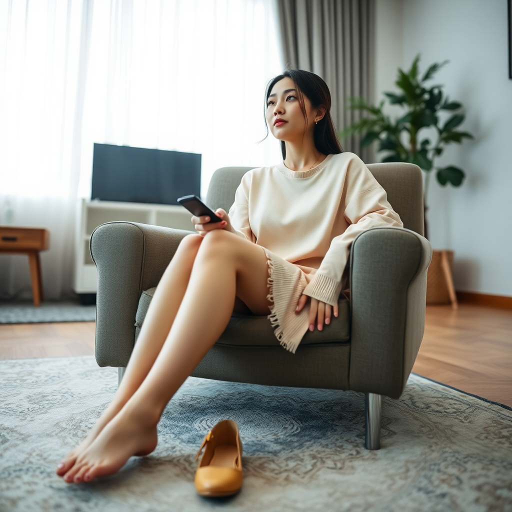 photo low angle full body shot beautiful xiaomeimei looking ahead. She is sitting on a chair in a living room. she looks tired. she holds a remote control. there rug on the floor in front of the chair. she is barefoot. her shoes lie on the rug