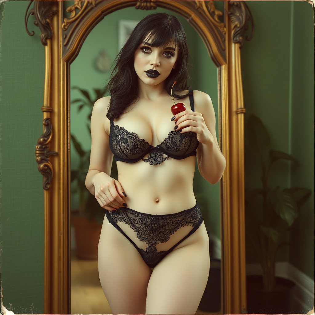 An old polaroid photo. There is a color tint to the photograph and visible light leaks. The photo depicts a sexy woman. Her skin is pale. She is gothic and wears seductive makeup with long eyelashes and black lipstick. Her mascara is running as though she has been crying. She has large breasts with ample cleavage. She is wearing a skimpy gstring that leaves a gap between her pubic area and thigh. The fabric of her thong is black lace with a square shape. Her bra is translucent and mesh. Her whole body is visible as a reflection in an ornate floor-length mirror. She is in a photography studio with textured green walls and plants are all around behind her. Her skin has a natural texture with visible pores and imperfections. She is eating a cherry seductively. Her nails are painted black. One of her hands pulls lightly at the side of her panties.