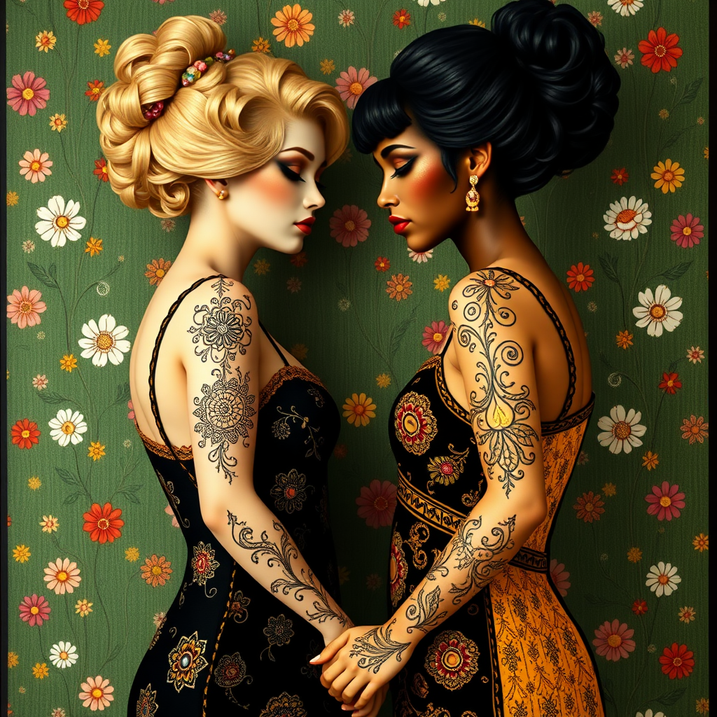 Prompt for painted picture with: In the Max Klimt style. The painted women (one is blonde and one is black-haired) with filigree henna tattoos on their hands and arms stand in front of a green Art Nouveau wallpaper with many small painted colorful flowers. They stand in a circle and hold each other's hands. You have very, very white make-up skin. The hairstyles are updo hairstyles in Art Nouveau.