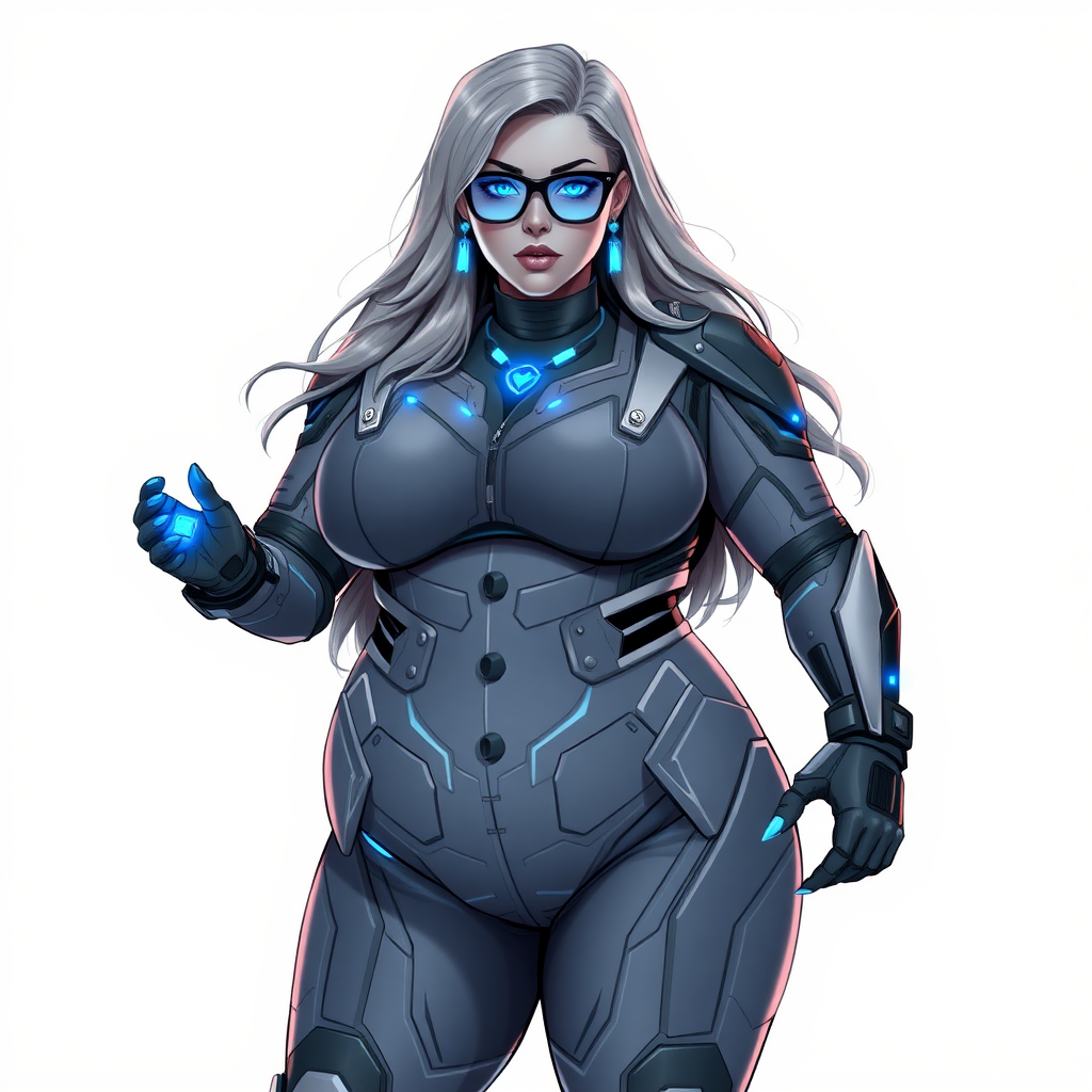 A 29-year-old computer science major, she is the devoted girlfriend of a vigilante and serves as his dotingly pampered, full-figured, nerdy digital sidekick. She is now a Computer Program hybrid, with a unique, metallic Middle Gray (N5) skin color that blends with her suit and hair, appearing to merge together as computer data. Her long hair, suit, and skin are all the same Middle Gray (N5). Her neon blue eyes are mesmerizing. Her full figure, especially her prominent round midsection, shows just how heavily fed and pampered she is, with sequoia-sized limbs and broad shoulders.

As a loyal and supportive sidekick, she plays a crucial role in their missions, using her digital prowess to assist and protect. She wears a blue sapphire scarab necklace and blue sapphire earrings, which she received as symbols of their love before his 5-year disappearance. Her digital and computerized biker suit, also Middle Gray (N5), blends with her skin and hair (appearing to merge together like computer data). She is equipped with high-tech features, including holographic displays and integrated hacking tools. She has matching high-tech gloves. She emits neon blue data cubes from her body, set against a solid white background.

Heavily, attentively, and immensely pampered through being well-fed since their reunion, her full figure clearly shows the extent of care she has received. Despite her digital enhancements, she retains her human vulnerabilities, including hunger and sleep, and is not immune to human weaknesses. She has the ability to hack into computers and machines, and her nerdiness is blatantly obvious with her black oversized eyeglasses. Her full figure, especially her gargantuan midsection, is prominently displayed and heavily emphasized. Her outfit, influenced by DC’s Jennifer Knight Phantom Lady, remains distinct.

Despite her boyfriend’s limited resources, she assists in the war on crime by serving as a minicomputer, traveling in a high-tech wristwatch and supercar’s computer system. Using her hacking abilities, she relays crucial knowledge related to missions. She is drawn as if she was in a retro 2D cyberpunk fighting game.