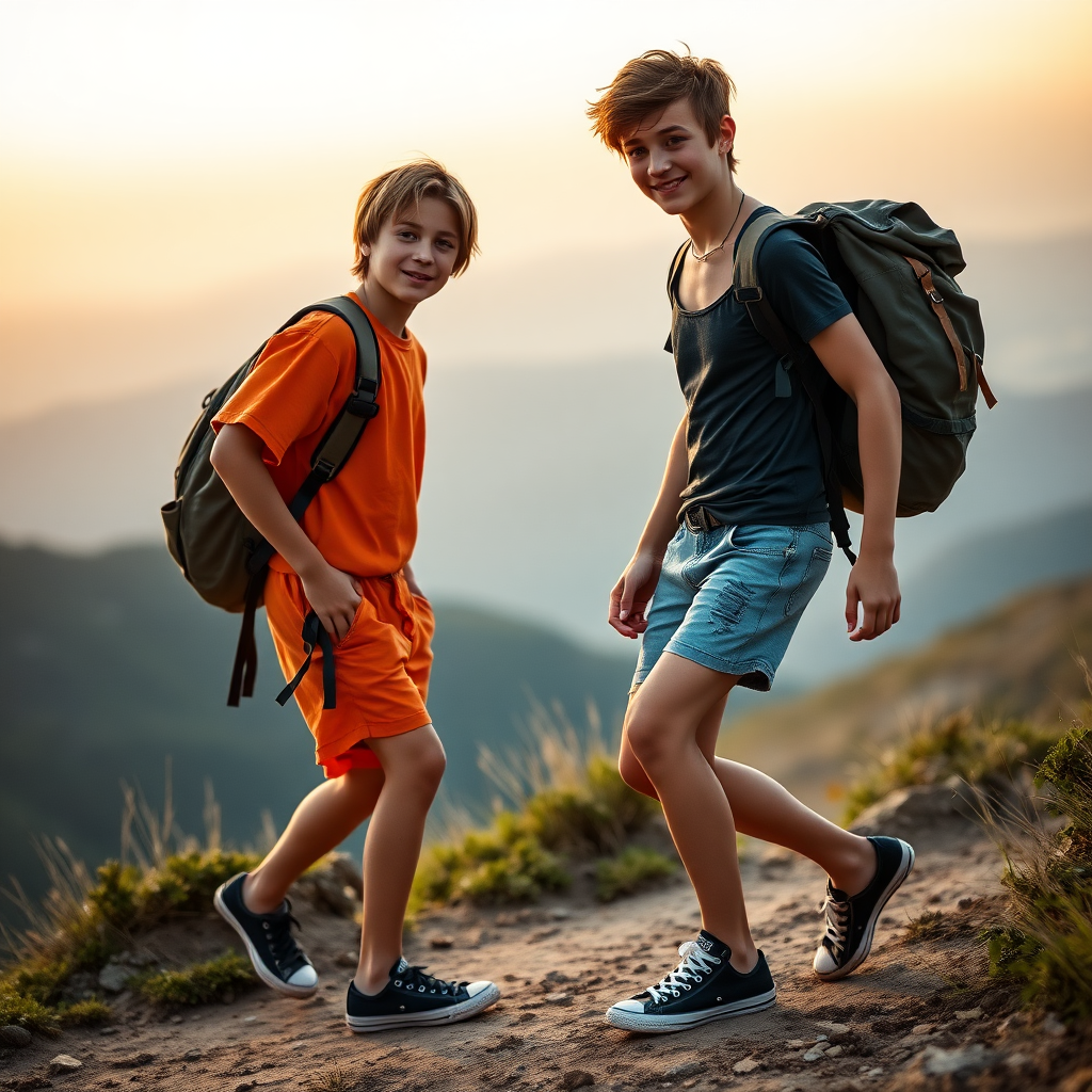 A top model 14yo teen boy, brunette, long layered haircut with a messy hair, wearing a tiny denim short shorts, a super sexy top, Black converse all star shoes, with a hiking backpack on his shoulder, he is helping another 14yo teen boy to walk back to his camp. The second boy is wearing sexy short short orange inmate outfit, he is dirty, covered with mud, barefoot. They are walking in the mountain, at sunset. Both of the boys are looking at the camera, there is something erotic and sensual in the air. long legs, bare thighs.