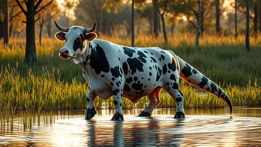 Here's the updated prompt for FLUX.1 art generator, incorporating alligator legs:

A full-length image of a surreal hybrid: a cow-alligator fusion. The creature has a cow's head with horns and ears, seamlessly blending into an elongated, alligator-shaped body. The entire body, including the long powerful tail, is covered in cow hide with distinct black and white patches. Its legs are pure alligator: short, muscular, and scaly, ending in clawed feet. This bizarre beast stands in a swampy wetland, surrounded by tall grass and cypress trees. Golden hour sunlight bathes the scene, accentuating the contrast between the cow-patterned body and reptilian legs. Rippling water reflects its extraordinary silhouette. Style: Hyperrealistic award-winning wildlife photography, with sharp focus, vivid details, and masterful composition capturing this impossible creature in its natural habitat.