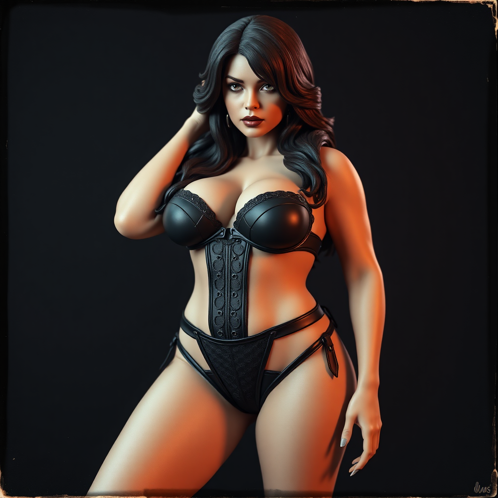 old polaroid photo of 3d printed plastic model of sexy thicc curvy succubus girl wearing revealing black bikini gstring thong and corset