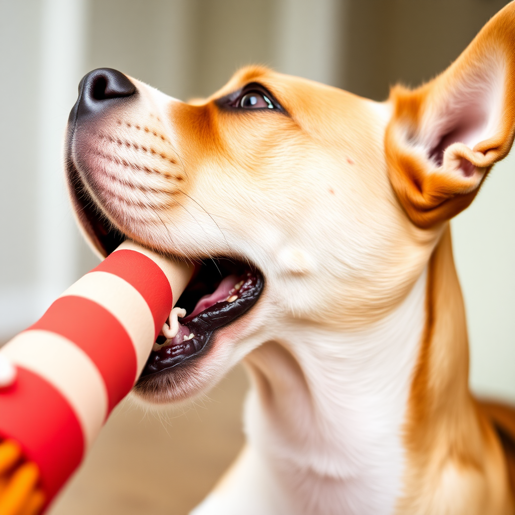 A dog biting a toy, close-up shot, side view of the head, stretching its neck, looking up. Open the mouth, opaque.