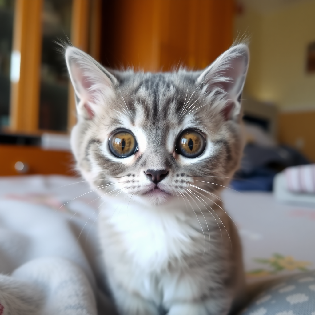 In the room, there is a gray-white cat, cute, chubby, with large, round pupils.