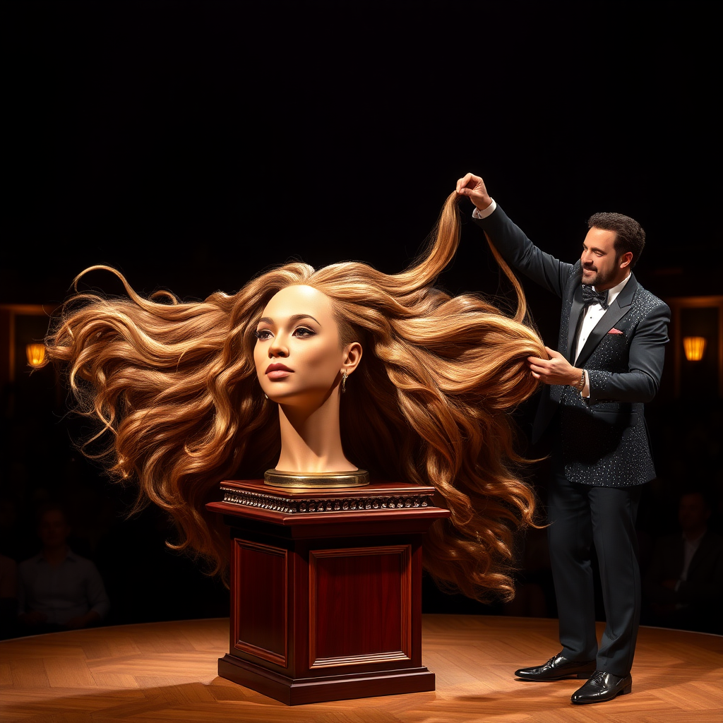 In a dimly lit theater, the atmosphere crackles with anticipation, the audience's murmurs a blend of curiosity and skepticism. On a grand, elegantly adorned display stand sits the disembodied head of the enchanting Beyoncé, her radiant skin glistening under the soft, warm glow of the spotlight. Her striking features are perfectly framed by cascading locks of lustrous, very long hair that shimmer with hues of light brown and hints of rich mahogany, reminiscent of polished silk.

Standing beside her is the magician, a charismatic figure in a sharp, tailored suit that glints with sequins in the light. With theatrical flair, he holds her voluminous hair aloft, fingers splayed wide, deftly spreading it out like a shimmering waterfall, mesmerizing the audience. The hair flows like liquid night, each strand capturing the light as it falls gracefully to the ground, creating a stunning, almost surreal contrast against the stark wooden stage.

The magician’s face is lit with a confident smile, his eyes sparkling with the thrill of the performance, as he engages the audience with playful banter. Their gasps and laughter echo throughout the room, a symphony of wonder and disbelief. The scent of polished wood and fresh popcorn wafts through the air, mingling with the underlying electricity of the moment. Time seems to stand still as the audience leans in, captivated by the spectacle, a seamless blend of illusion and artistry that promises to defy reason and ignite imagination.