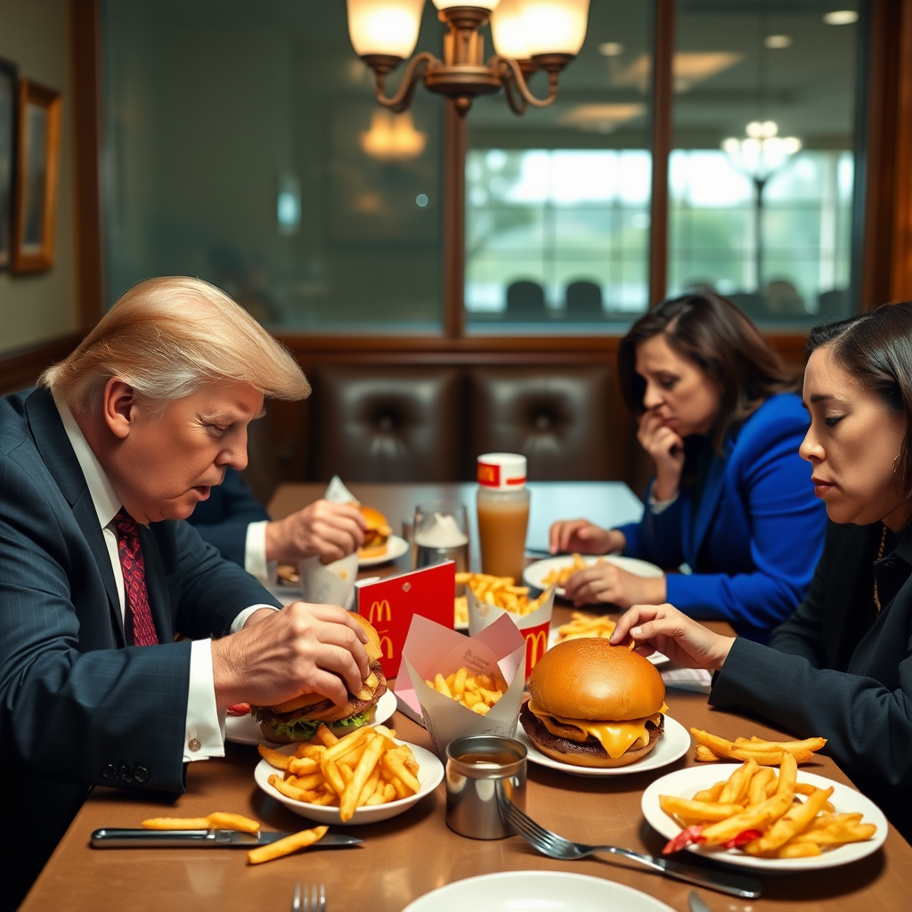 Donald Trump in a dining room eating tons of McDonald's for dinner with Joe Biden devouring two cheeseburgers and sleeping on the food, and Kamala Harris.