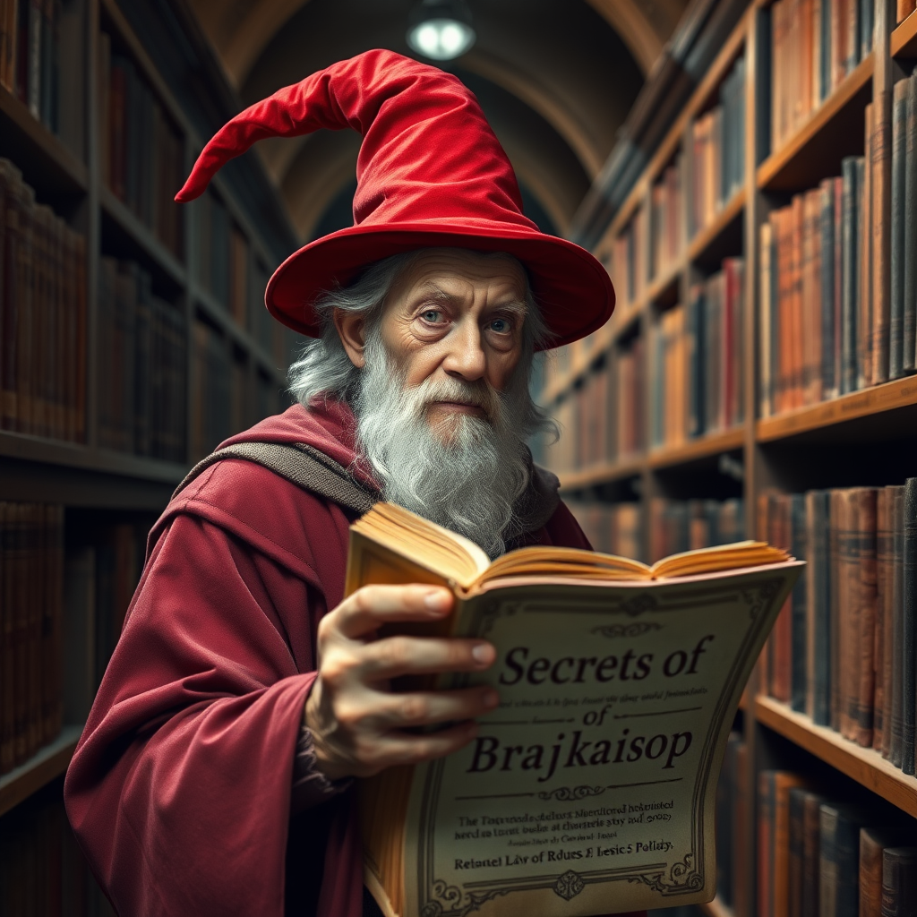 An old male wizard looking at camera in a red pointed hat walking through a library while reading from an old book titled "Secrets of Brajkaisop"