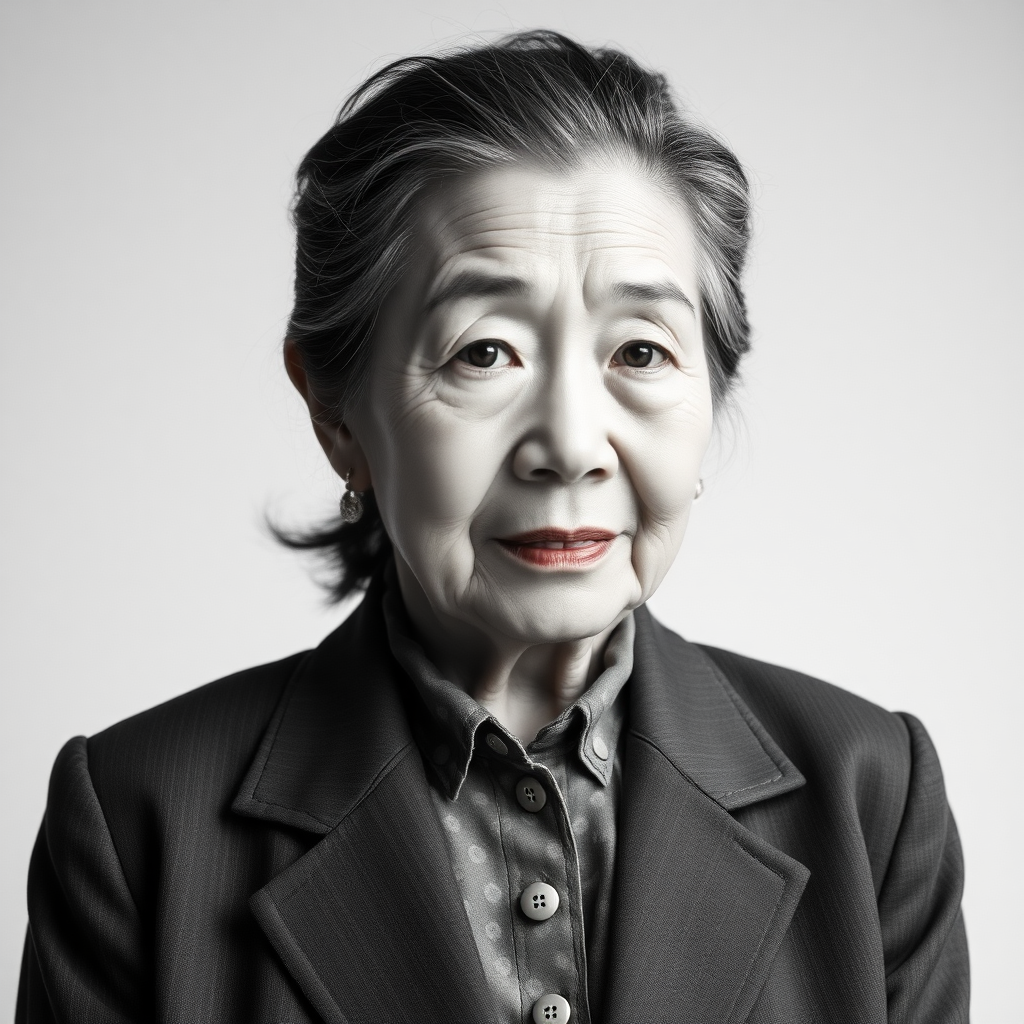 80 age old korean woman, front, woman suit, photo studio background, black and white hair,