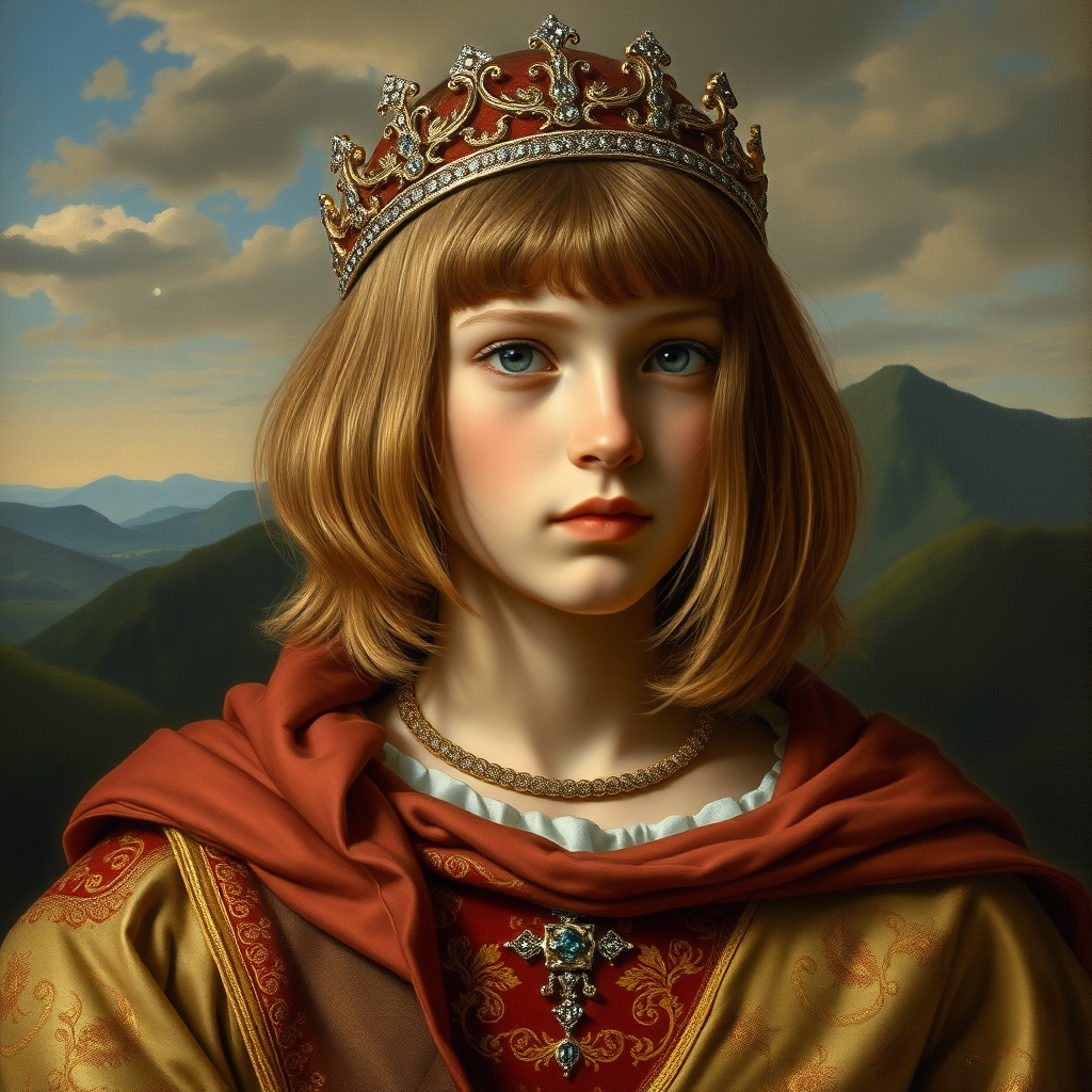 16yo teen boy prince, long bob cut, embroidered with gold and diamonds medieval cloths, diamond diadem, and Beautiful War. Free style by 75% Adolphe William Bouguereau, Academic realism and 25% Sandro Botticelli, early Renaissance. The background is in the style of landscape style by Antonio del Polaiolo, Generating the signature at the bottom: Viva FLUX and Bach, ultra high resolution, 16K.