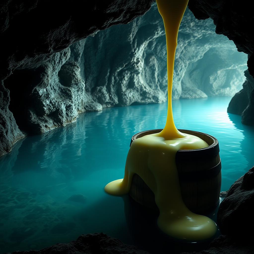 A photo realistic pool in a cave with a wooden barrel near it and a pale yellow slime crawling into the barrel.