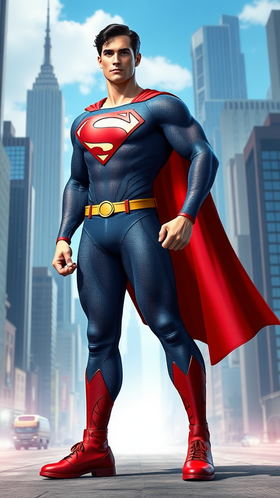 Generate a full-length render of Superman using the body of Elastigirl. Keep Superman's head, hairstyle, and facial features. Retain his iconic costume while adding embellishments to fit her form and proportions. Design the background by blending elements from Superman's Metropolis and Elastigirl's vibrant world, creating a dynamic and colorful scene that highlights both characters' strengths and personalities. The image should reflect a powerful yet flexible interpretation of the hero, showcasing an imaginative fusion of styles and environments.