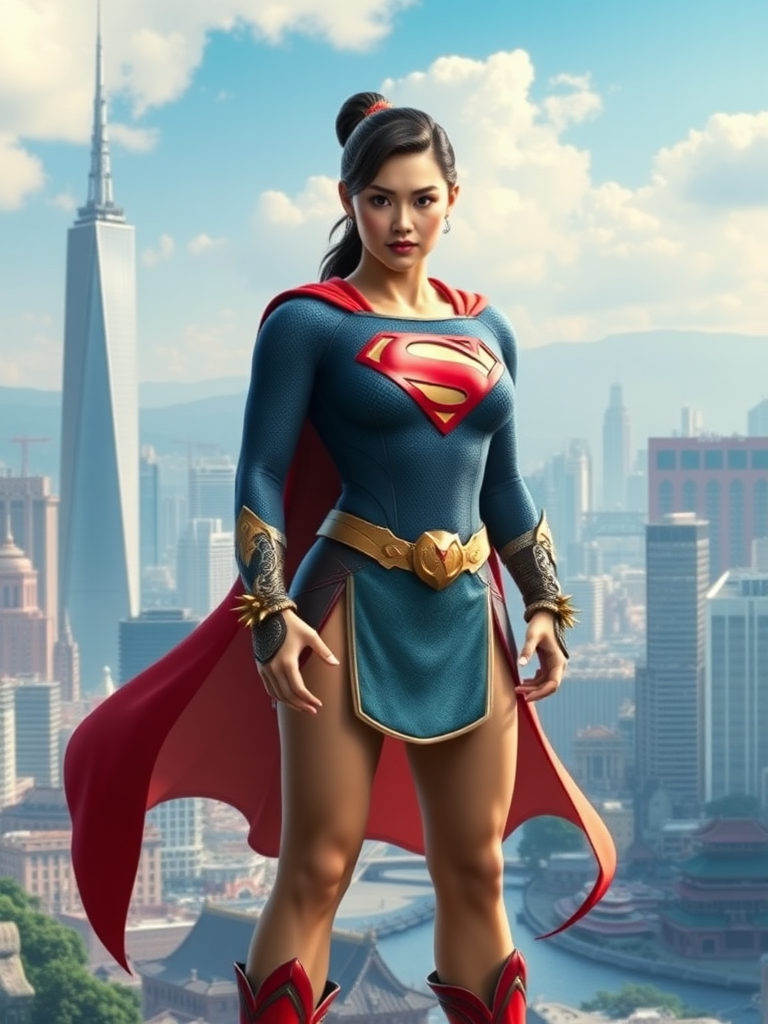 Generate a full-length image of Superman using Chun-Li's female figure for the body. Keep Superman's head, hairstyle, and facial features intact. Retain Superman's iconic costume, adding intricate embellishments from Chun-Li's traditional outfit such as her spiked bracelets, dragon patterns, and belt while altering the costume design to fit the new feminine proportions seamlessly. Create a vibrant background that merges the sleek, urban skyline of Metropolis with the traditional, scenic elements of a Chinese cityscape. Ensure the fusion of both character's themes is harmonious and visually compelling.