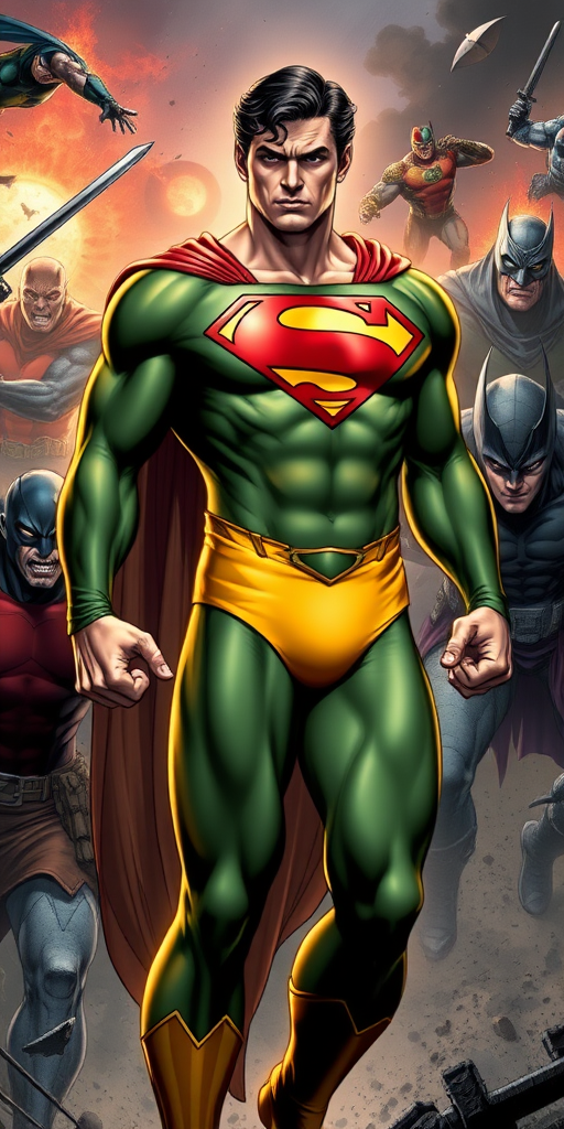 Create a full-length image of Superman transformed into Rogue from the Marvel Universe, post-cosmic wave accident. Depict him mid-battle, confused, looking at his new feminine physique, wearing Rogue's classic green and yellow bodysuit. Surround him with Marvel villains in a chaotic battle scene, leaving no time for adjustment to his new form.