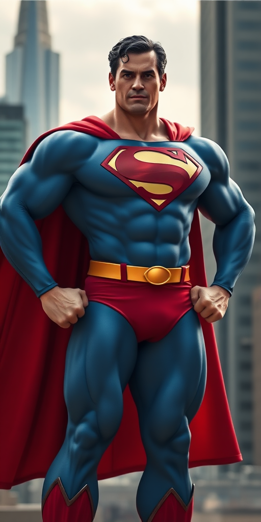 A photorealistic image of Superman, but with the bodily attributes of R Mika from Street Fighter. He stands in a heroic pose, radiating power, with his cape billowing behind him. His muscular build is exaggerated, with a broad chest, defined abs, and powerful legs. His face retains Superman's classic features, but his eyes hold a playful glint. The background is Metropolis, with the Daily Planet building in the distance, as a sign of his journalistic alter ego.