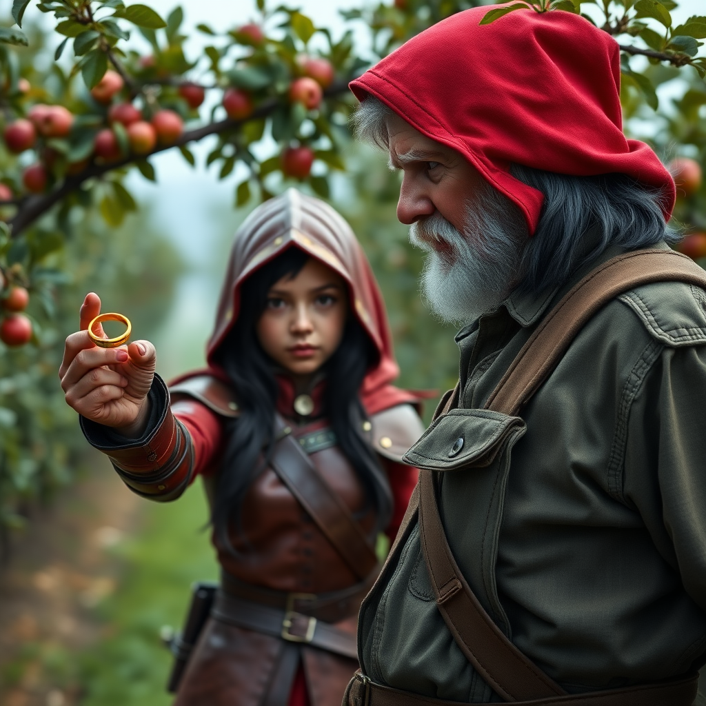 A photo realistic girl with black hair and brown eyes in red leather armor and a red hood holding up a gold finger ring to an old man in dirty work clothes while standing in an apple tree orchard.